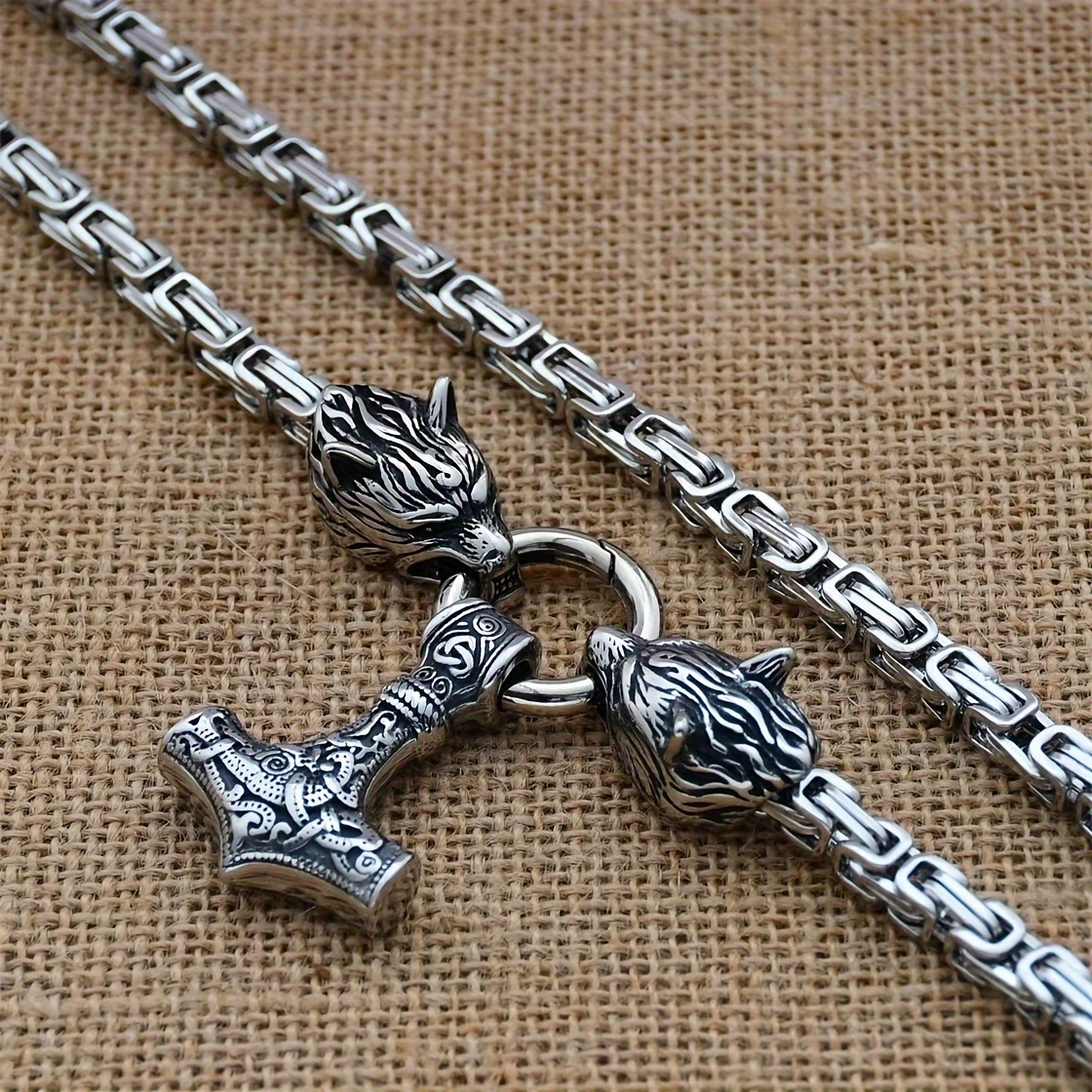 Men's Viking Wolf Head Hammer Pendant Necklace Punk Style Animal Theme